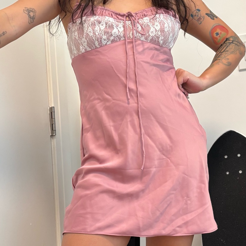 Urban Outfitters Pink and White Lace Chemise